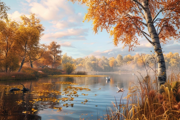 Fishing by water with autumn evening views