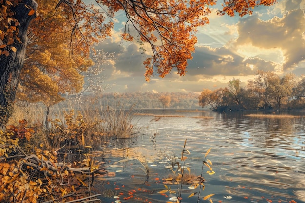 Fishing by water with autumn evening views