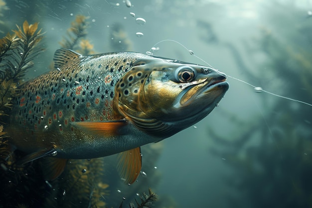 Fishing closeup shut of a fish hook under water