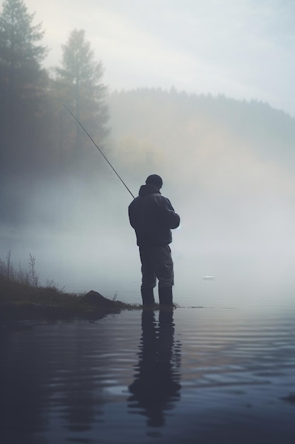 Fishing at Dawn Angler in the misty lake with fishing rod