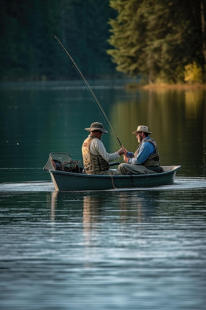 生成 AI で作成された魚を捕まえて湖で 1 日を過ごす釣り二人組