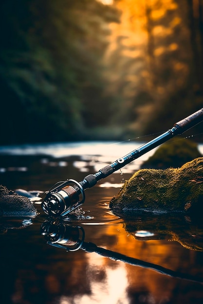 Fishing fishing rod on the background of the river Generative AI