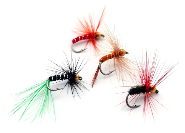 Fishing flies of diffrent colors with hooks over white background