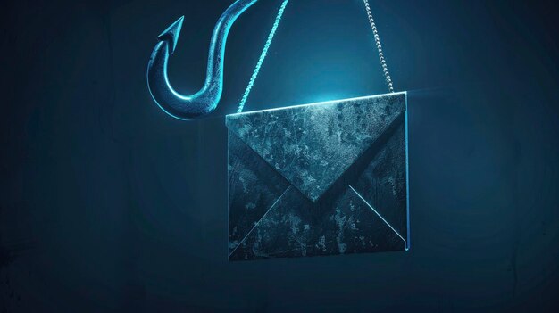 A fishing hook with an envelope icon hanging on it representing the concept of harvesting live data from email in cyber hacker against a dark blue background Digital illustration