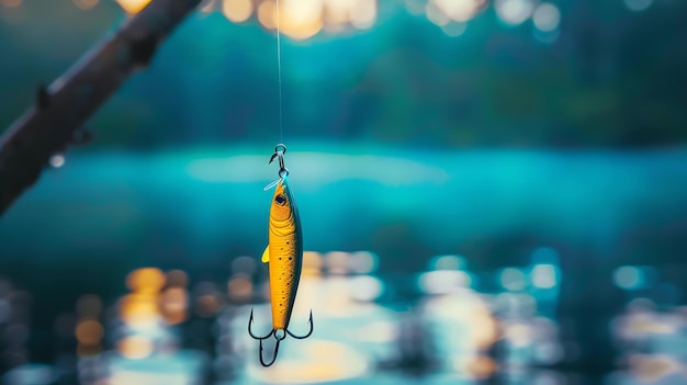 Photo a fishing hook with a yellow lure attached to it hangs in the air above a lake the background is blurred and shows a few trees and the sky