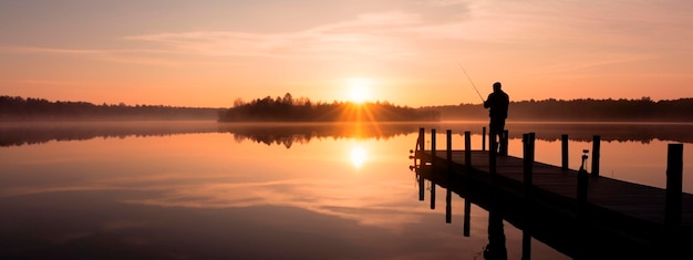 Fishing lake fishing rod morning dawn Generative Ai