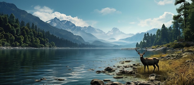 Foto pescando sulle montagne del lago ci sono cervi sul bordo del lago