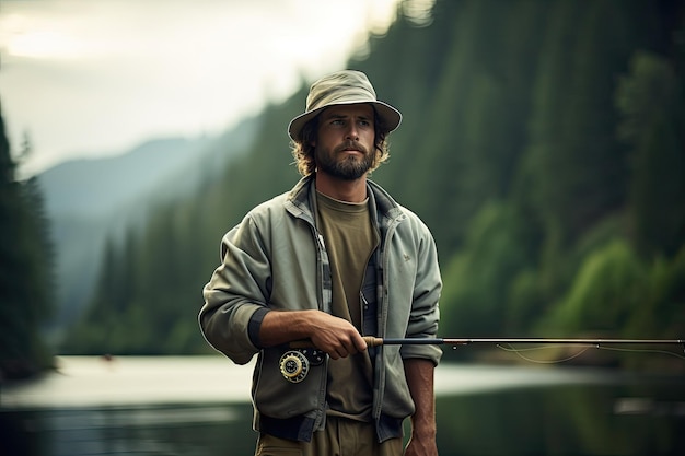 サバイバリスト北の湖で釣り竿を持った頑丈なひげの男景色映画的な背景厳しい自然ジェネレーティブAIイラスト