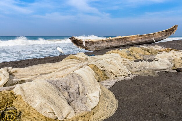 Fishing net and boat at Odayam beach, Varkala, India.