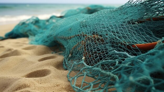 Fishing nets are stacked on the sandy shore