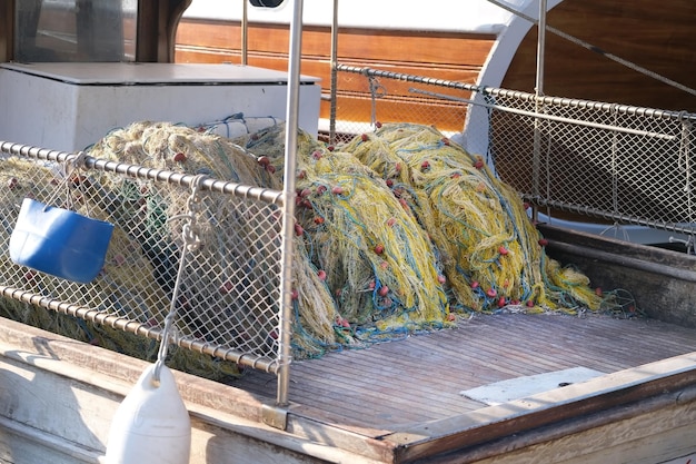 Fishing nets on the deck of an old boat