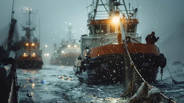 Рыбалка в Северном море Рыболовная лодка с рыбаками в открытом море
