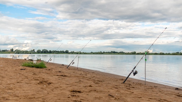 Premium Photo  Fishing poles on the shore of a lake