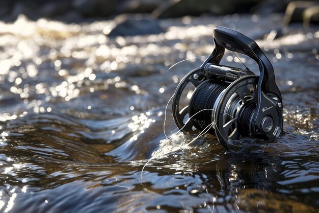 Fishing reel closeup on the background of the river