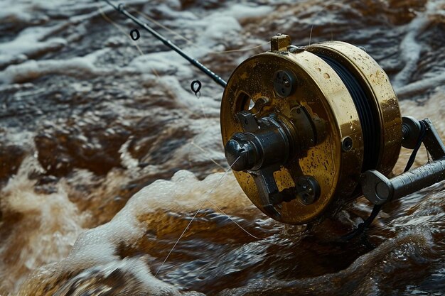 Fishing reel closeup on the background of the river