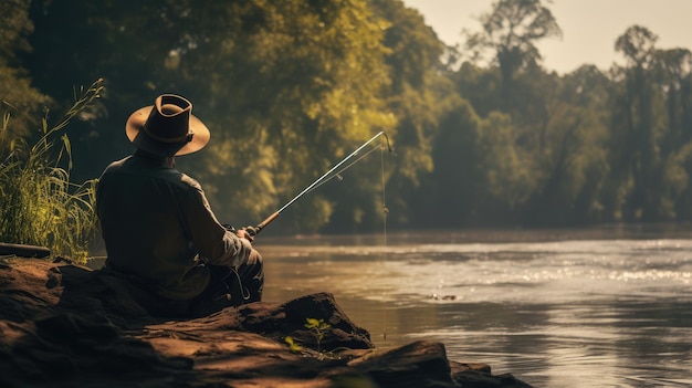 Fishing on the river bank AI generated Image