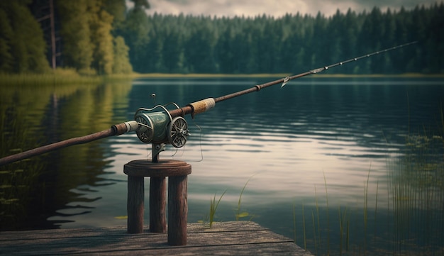 Fishing rod on the background of the lake Generative AI