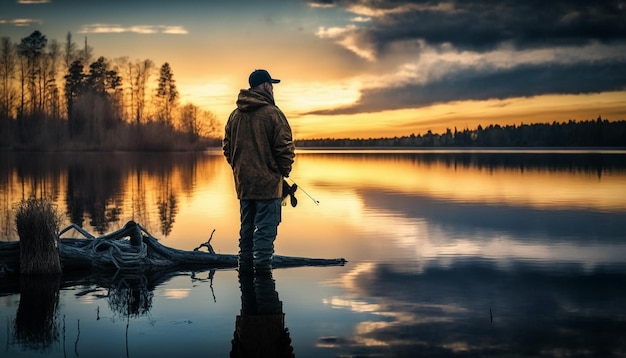 Fishing rod on the background of the lake Generative AI