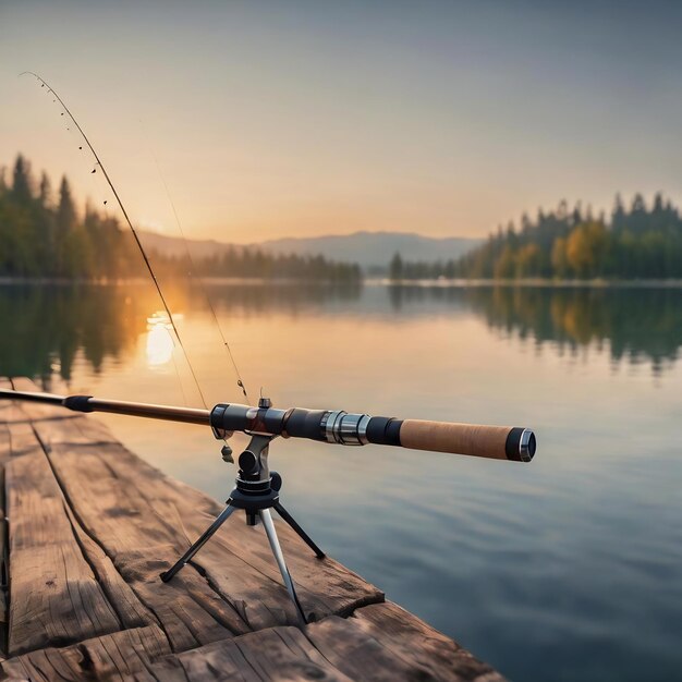 Fishing rod on a blurred background of the lake