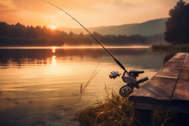 fishing rod on a dock at sunset with a lake in the background generative ai