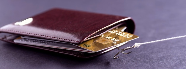 釣り竿のフックが私の財布にクレジットカードを引っ掛けました。クレジットカードからのデータの盗難。ハッカーがクレジットカードからお金を盗んだ