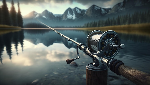 A fishing rod in a lake with mountains in the background