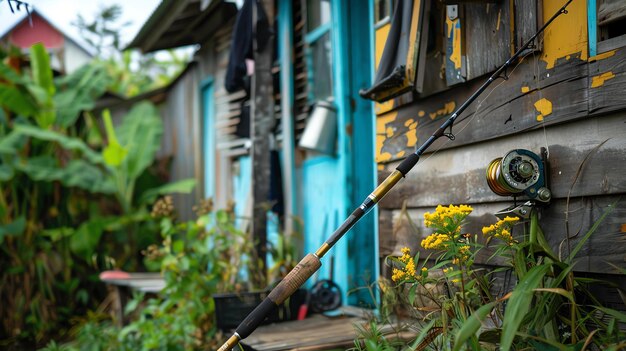 Photo fishing rod leaning against a wooden wall with a blue door the wall is weathered and there are some yellow flowers in front of it