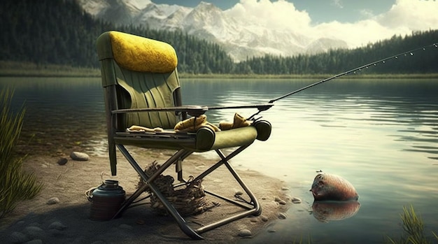 Fishing rod reel on the background of the lake Generative AI