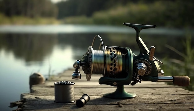 Fishing rod reel on the background of the lake Generative AI