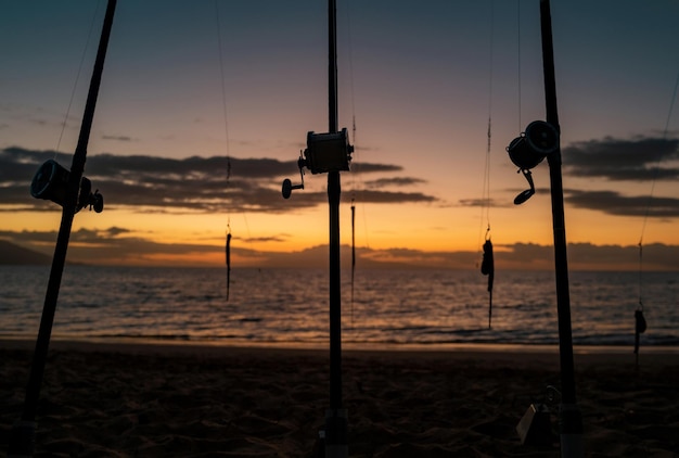 Fishing rod and reel on the sea and sunset sky