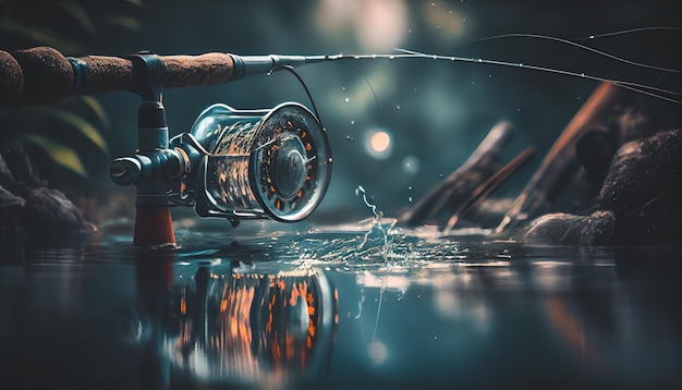 Fishing rod spinning reel Closeup of fishing tackle Spinning is installed on shore of reservoir