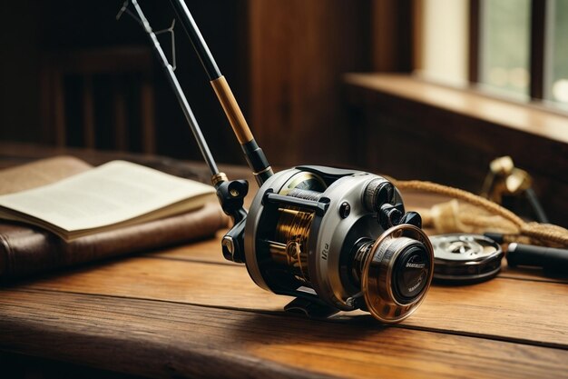 Fishing rod with fishing reel on wooden desk ar c