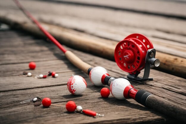 Fishing rod with red and white fishing bait on wooden plank ar c