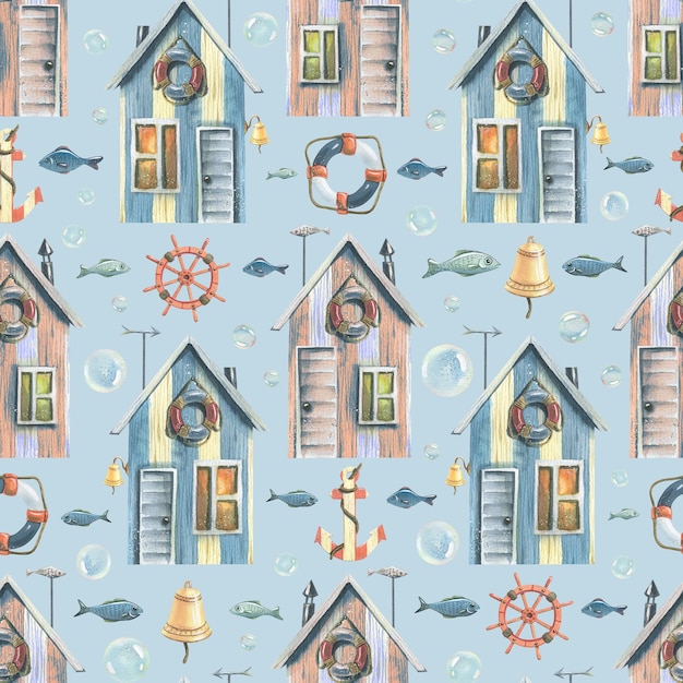 Fishing sea houses with anchors steering wheels fish and bubbles Watercolor illustration Seamless childish pattern on a blue background For decoration and design of wallpaper fabric textiles