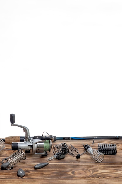 Fishing tackle and accessories isolated on white background. Selective Focus. Text for example, and can be easily removed.