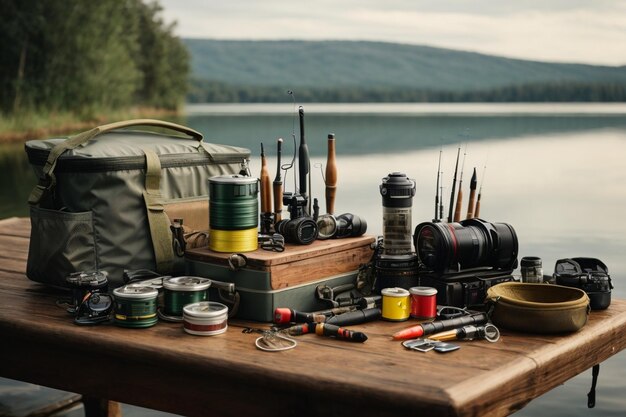 写真 湖の弧を背景にしたテーブルの上の釣り具とアクセサリー