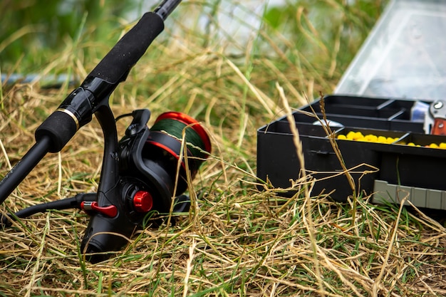 Fishing tackle on the river bank, bait rod, spinning rod, fish. Nature. Selective focus