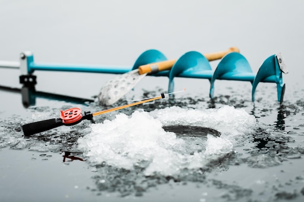 Fishing tackle for winter fishing on the ice of a frozen lake.