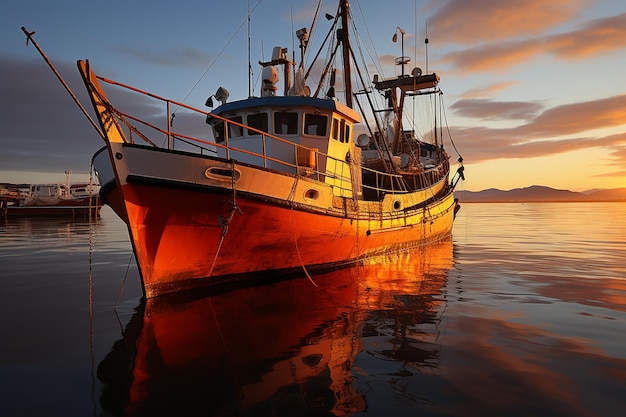 a fishing trawler heading out to sea at sunrise ready AI generated