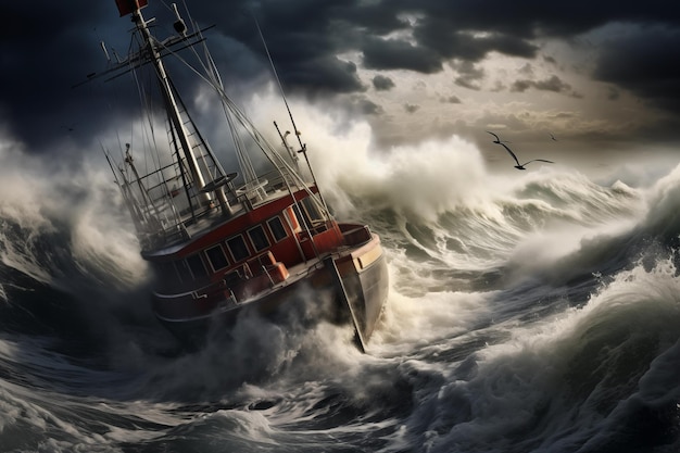 Фото Рыболовный траулер ловит сильную морскую бурю, плавает в волнах, генерирует ии.