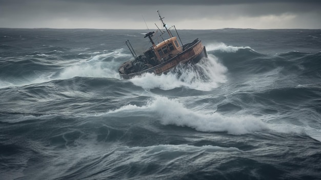 嵐の海のトロール漁船 ジェネレーティブ AI