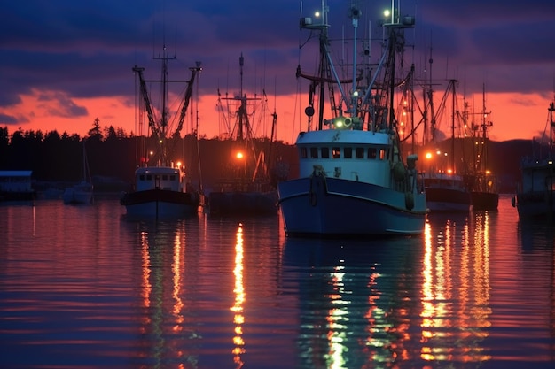 Fishing trawlers navigation lights glowing in twilight created with generative ai