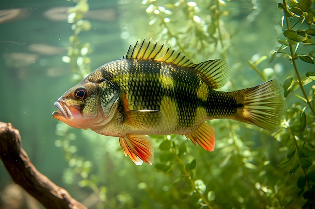 Photo a fishing trophy showcasing a sizable freshwater perch submerged in water against a vibrant green