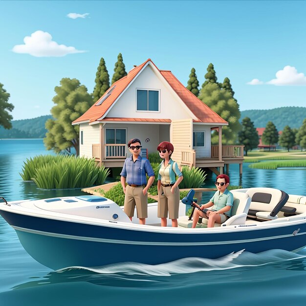 Photo fishing vacation flat composition with serious man couple in motor boat illustration 3d animation
