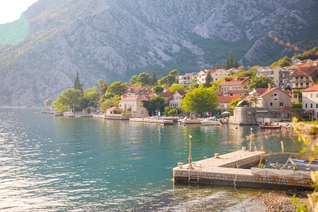 Fishing village on mountain background in montenegro