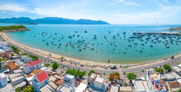 Fishing wharf moored to avoid storms at noon in summer in the beautiful central waters of vietnam