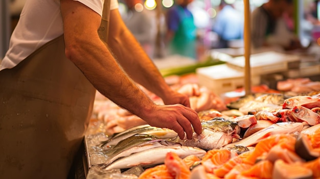 写真 市場 の 売り場 で 魚 を 売る 人