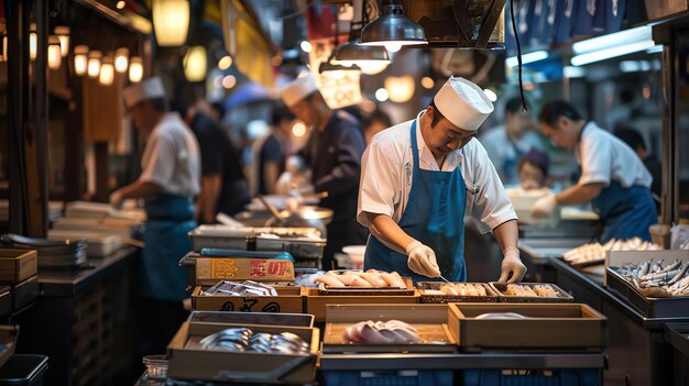 Photo a fishmonger expertly prepares the freshest catch of the day at a bustling seafood market