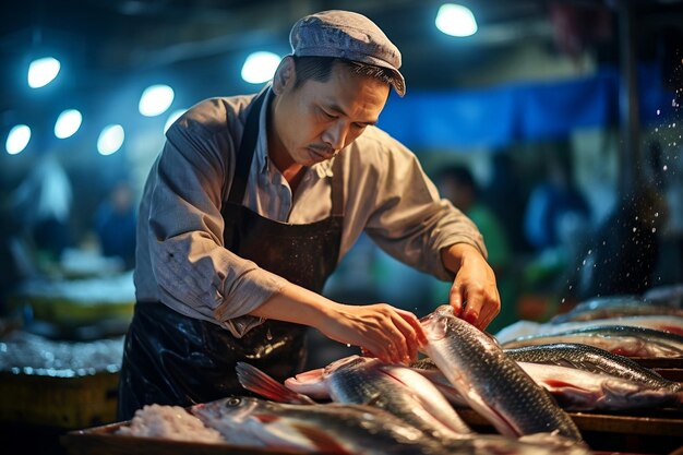 Fishmonger Handling Fish at Market Generative AI