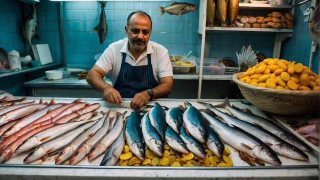 写真 市場でガラスのカウンターの後ろで海鮮を調理する魚屋